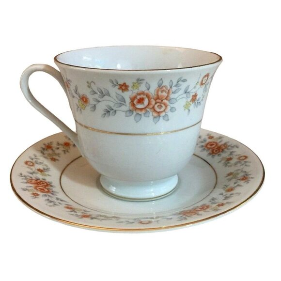 FTDA Vintage 1987 Footed Teacup & Saucer Set‎ White Silver Band Floral Orange - Picture 1 of 11